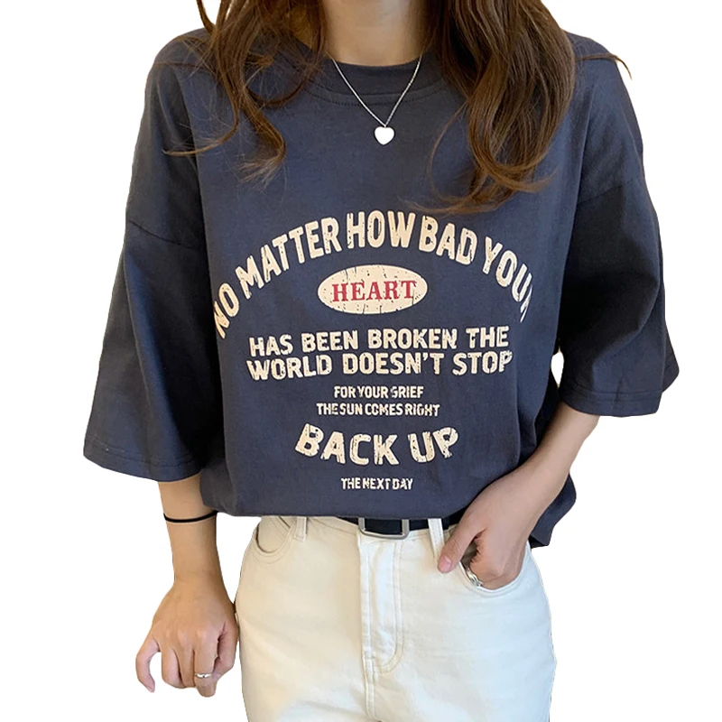 Свободная Женская футболка с буквенным принтом 2020 одежда в Корейском стиле