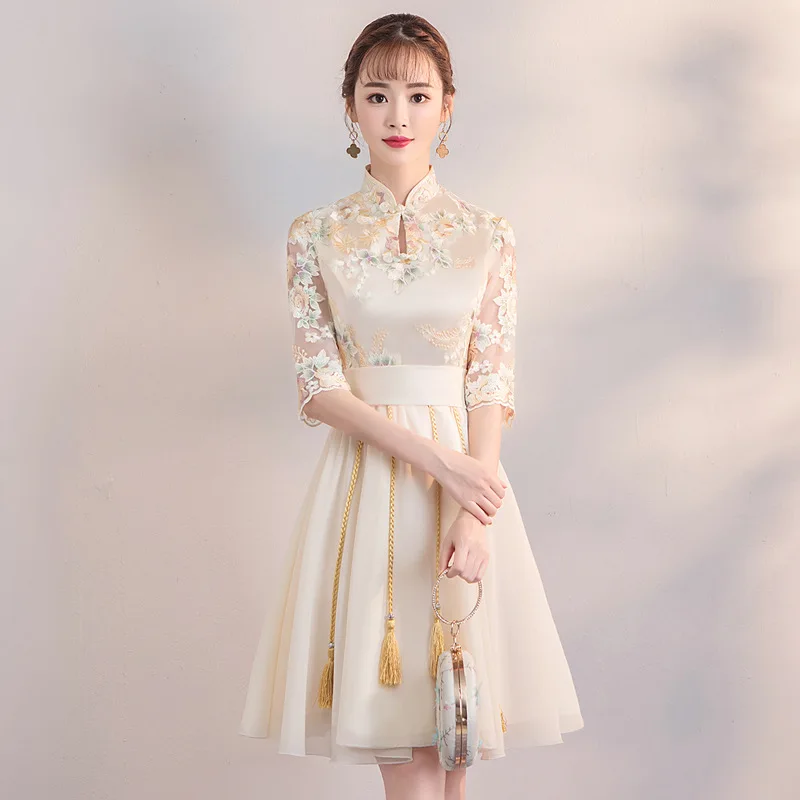 

Sexy Lace sleeve Standing collar Handmade Button Qipao Improved cheongsam Qipao Evening Dress Party Dress Vestidos