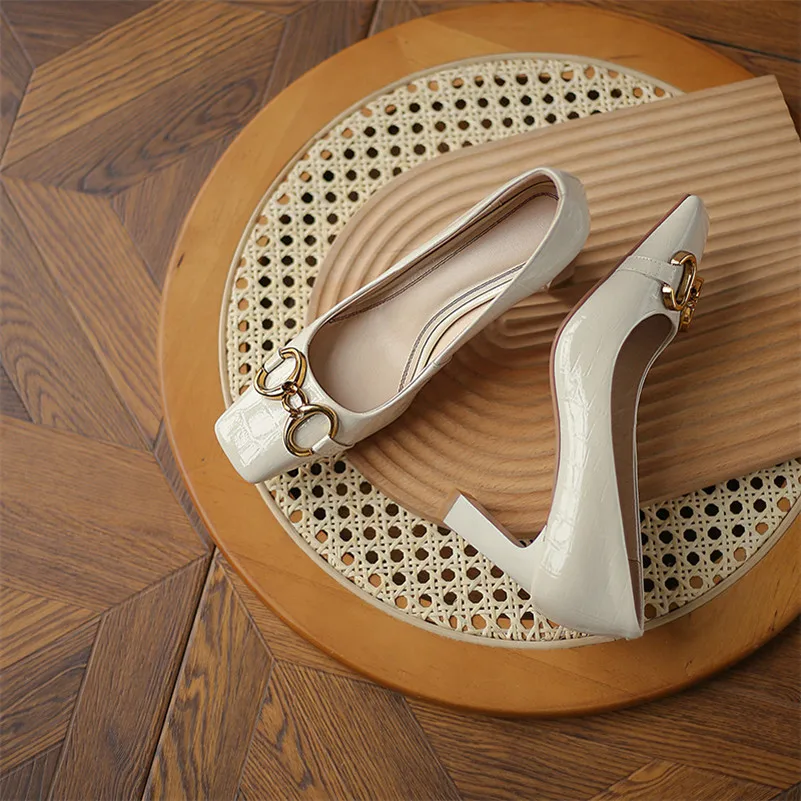 

Meotina Woman Shoes Natural Genuine Leather Pumps Square Toe High Heels Metal Decoration Thick Heel Shoes Ladies Footwear Beige