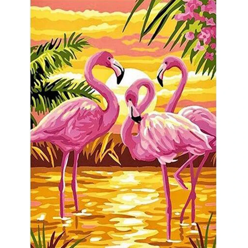 

Cartoon Animals Wall Art Palm Lake Bright Pink Crane Canvas Poster and Print One Piece Canvas Painting Home Living Room Decor