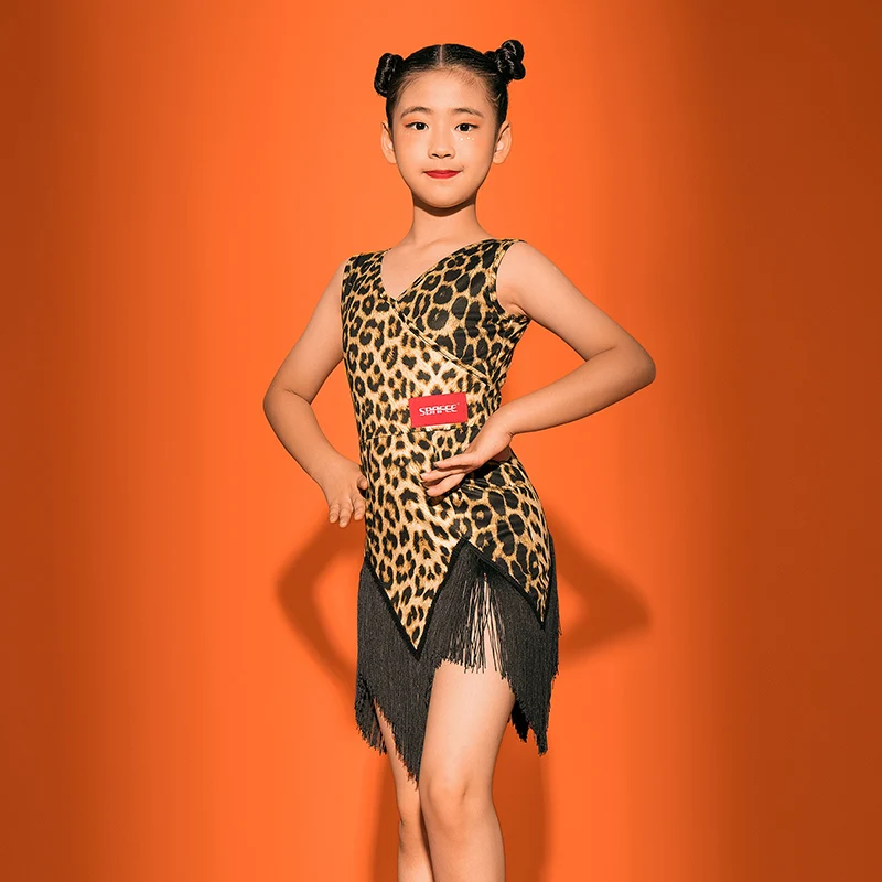 

Girls Latin Dance Competition Dress Kids Leopard/Black Fringe Practice Costumes Tango Samba Salsa Cha Cha Dance Clothes VO1117