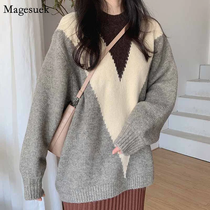 

Осенний женский свитер, Женский пуловер с геометрическим рисунком, рождественский джемпер, женский свитер свободного кроя, Зимний вязаный ...