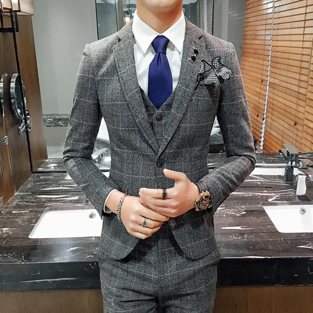 

Мужской Клетчатый костюм в стиле ретро, темно-серый повседневный однобортный приталенный костюм из трех предметов в Корейском стиле, 2020