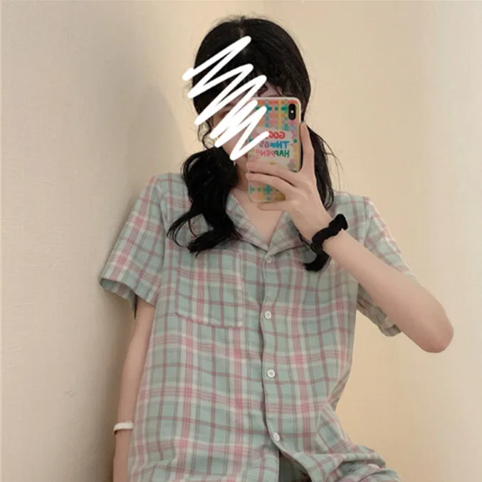 CAIYIER 2021 New Classic Plaid Pajamas Set Summer Women Nightwear  Short Sleeve Korea Minimalist Loose Sleepwear Homewear Suit