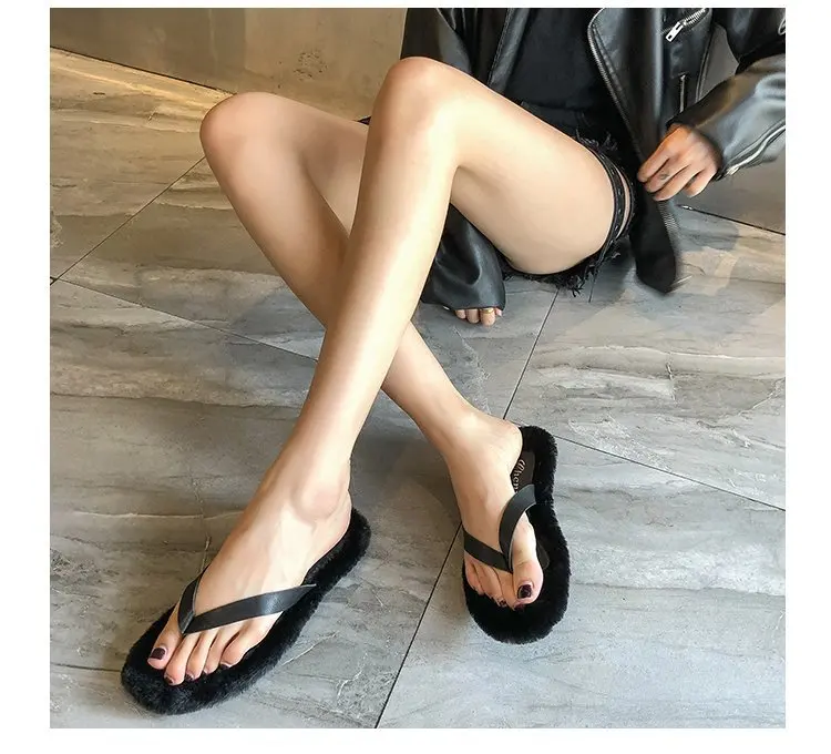 Classics Winter Women Fur Flip Flops Outside Flat Open Toe Women Shoes Solid Casual Faux Fur Slippers
