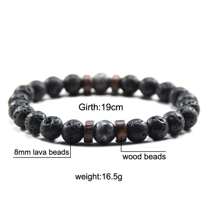 

8mm Volcanic Stone Wood Bead Bracelet Fashion Men's Jewelry Bracelet