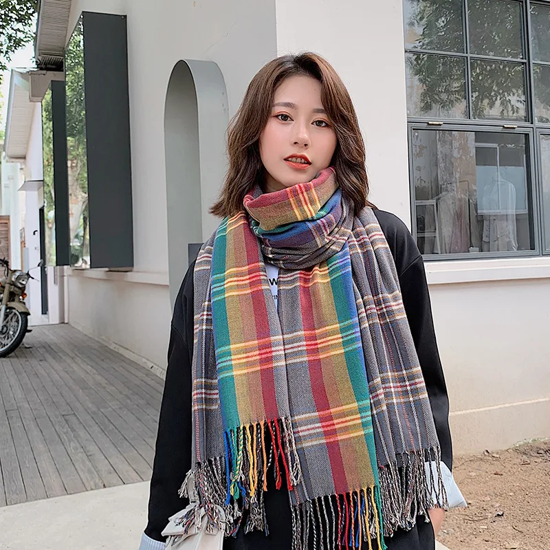 Женский теплый шарф в Корейском стиле зимняя плотная Радужная шаль двойного