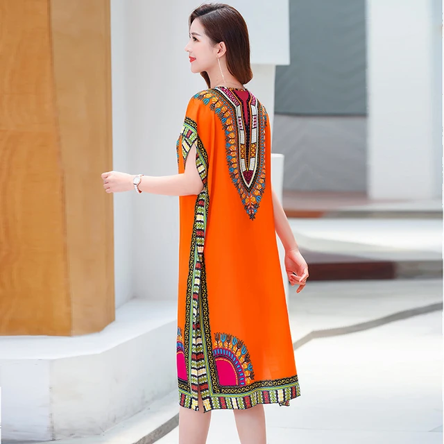 Women's Long Dress Summer Indie Folk Short Batwing Sleeve o Neck Straight Ladies Dresses Midi Split Geometric Print Female 2