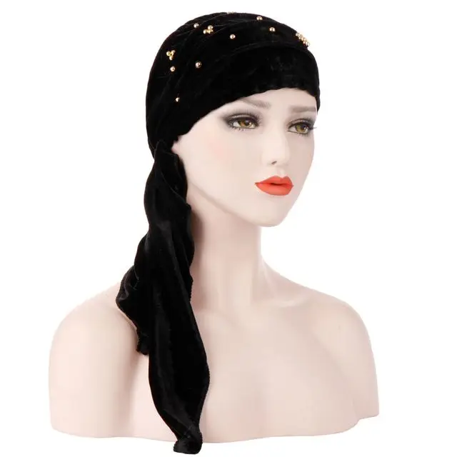 Для женщин мода мусульманский бархат Плиссированное Кепка chemo длинный хвост