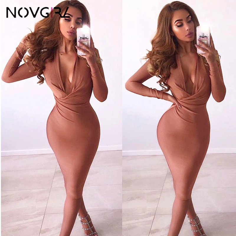 Novgirl сексуальное облегающее платье миди с глубоким v образным вырезом и рюшами