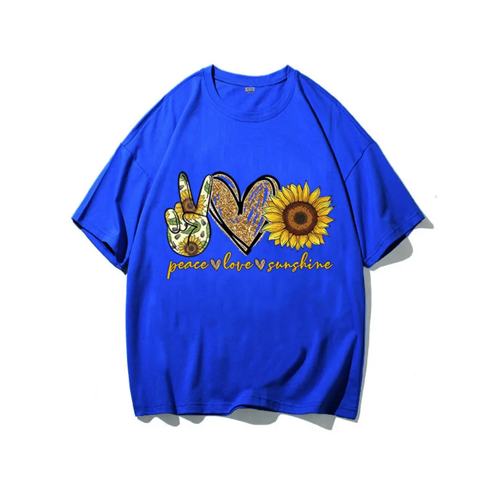 Women's Fashion Shirt Ladies Loose Top Plus Size Short Sleeve Summer Peace Love Sunshine Sunflower Printed Casual T-shirt | Женская