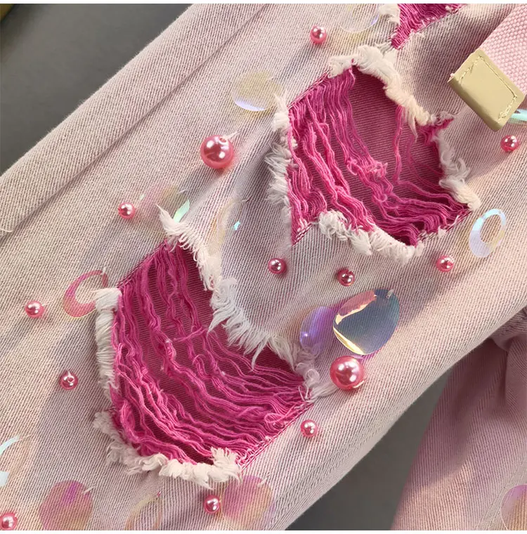 

Ripped Jeans Women 2021 Summer New High Waist Loose Beaded Sequined Holes Denim Pants with Belt Lady Streetwear Trousers