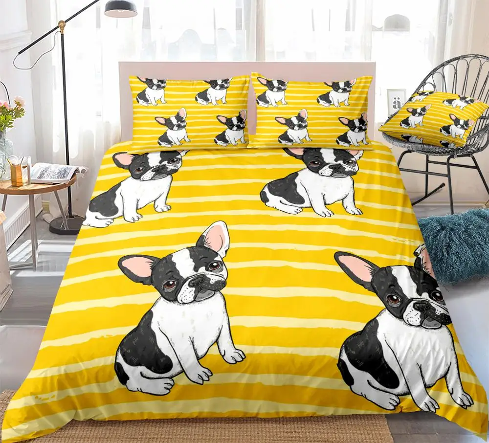

Yellow Striped Bedding Bulldog Duvet Cover Set Cartoon Dog Bedspread Yellow Quilt Cover Dropship Boys Girls Comforter Cover
