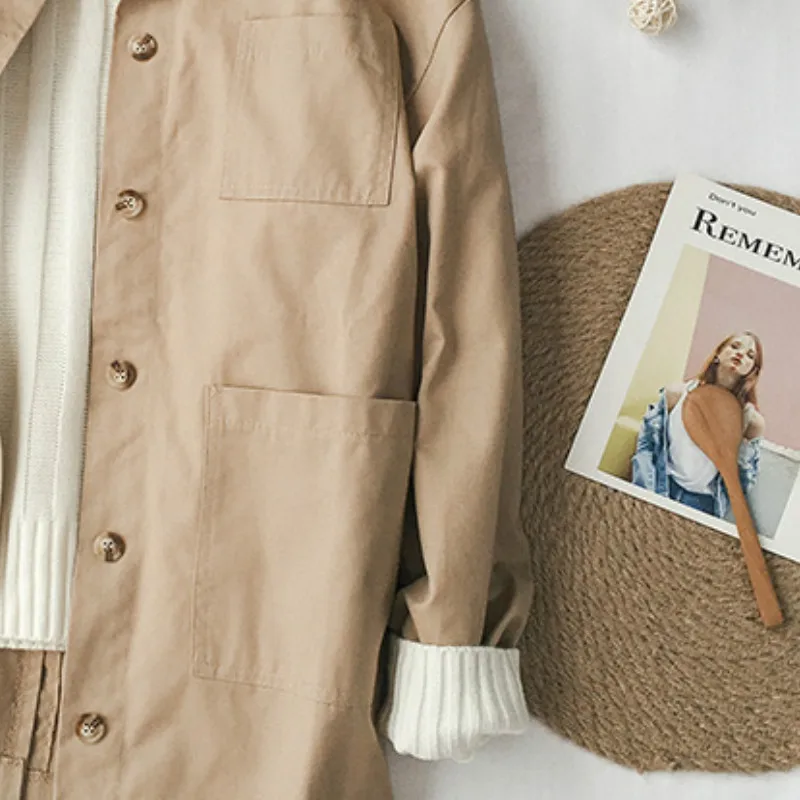 

Vintage Jackets Women Spring Retro Casual Daily Popular All-match Teens Windbreaker Solid Pockets Femme Overcoats Fashion Fall