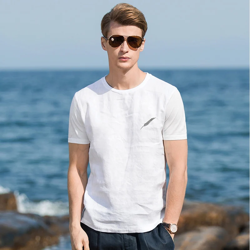 Футболка мужская с вышивкой перьев модная тенниска из хлопка и льна короткими