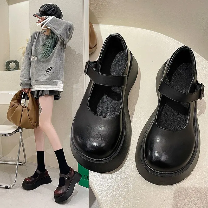 

College new Mary Jane single shoes female 2021 thick-soled increased retro British style big head small leather shoes X776