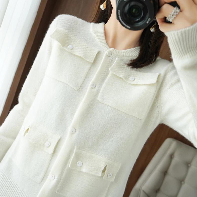 2021 autumn and winter new multi-pocket wool knitted cardigan women's wild cashmere sweater coat