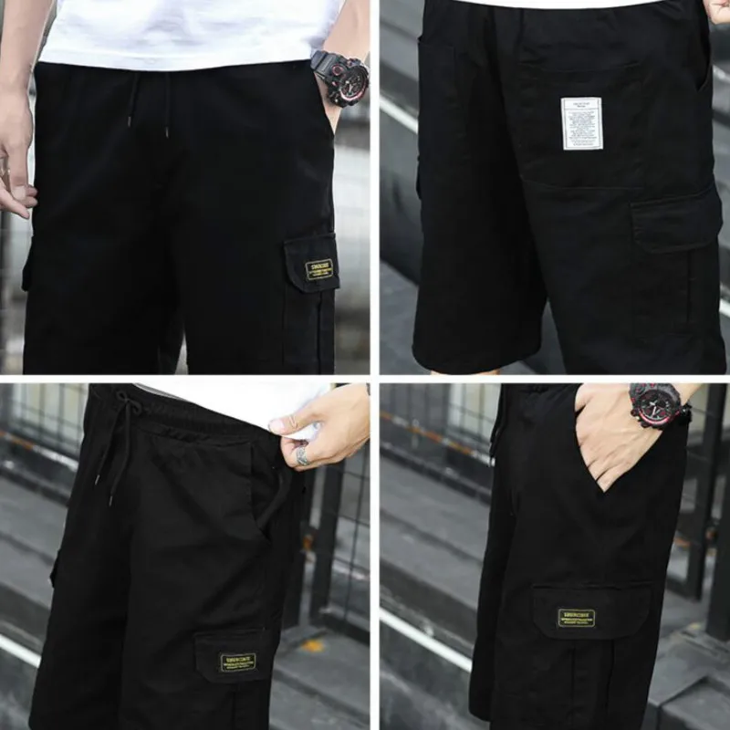 

Men Casual Shorts Knee Length Printed Pockets Elastic Waist Loose Chic Mens Summer Casual Korean Style Cargo Harajuku New Trendy