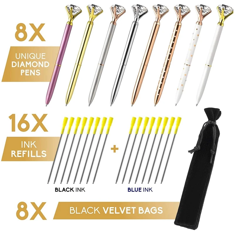 

Big Diamond Pens-16 Ink Pen Refills (Blue, Black) 8 Novelty Jewel Pens with 8 Velvet Gift Bags for Women Girls-Cute Diamond Ball