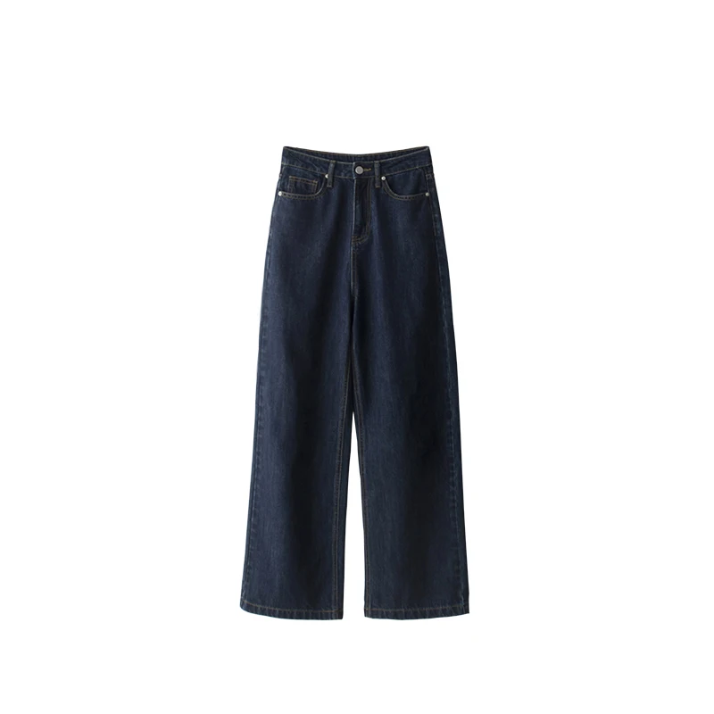 

Korean Retro High waist straight jeans women's new spring and autumn zipper dark blue wide leg pants long 2020 Jeans Plus Size