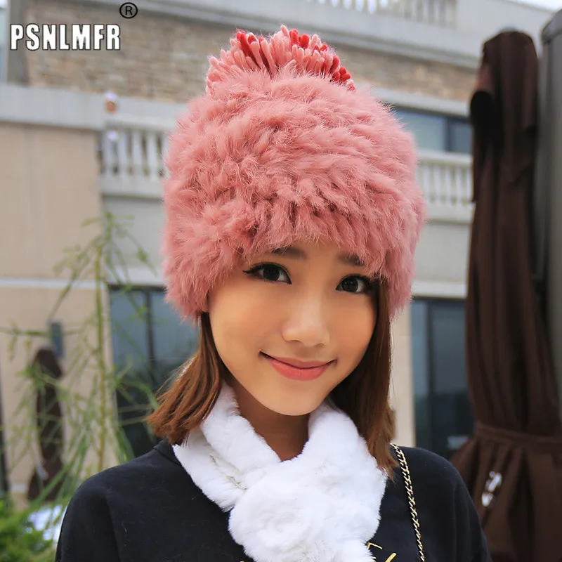 Женская вязаная шапка с помпоном из натурального кроличьего меха зима 2020|fur