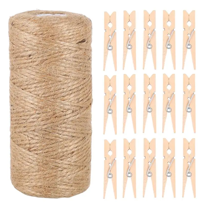 

1 Set Primary Wooden Clips Photo Wall Clips Hemp Rope for Photo Wall (Khaki)