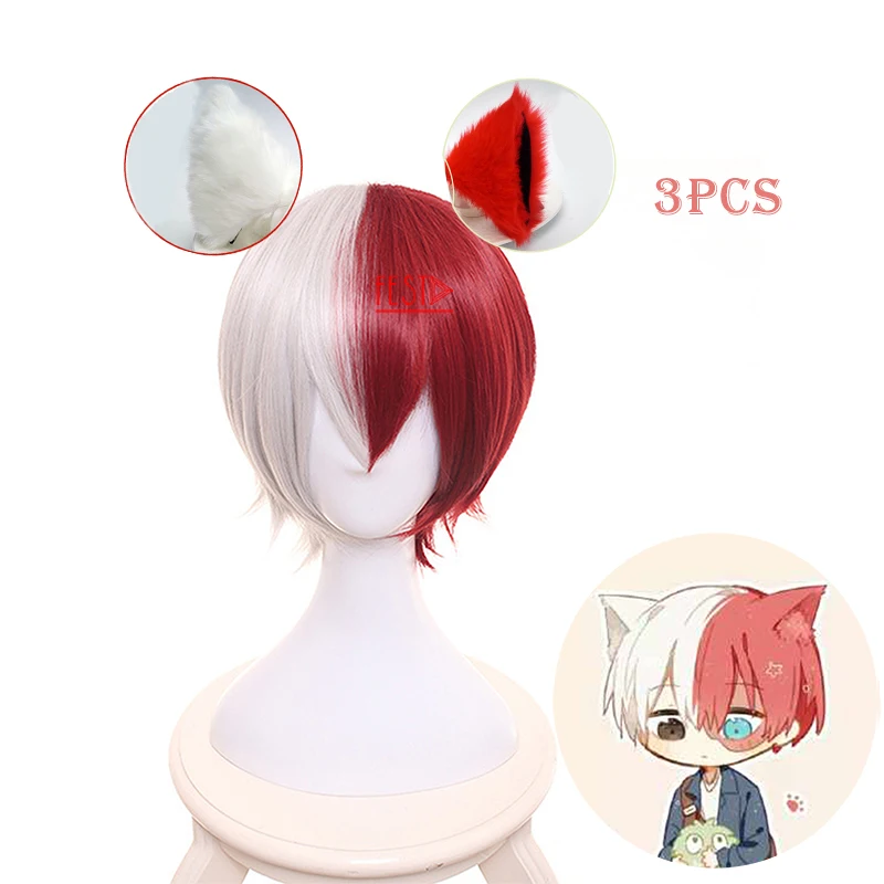 My Hero Academia Shoto Todoroki Cosplay Wig Short Red White Ear Hairpins Boku No Hair + Free Cap Woman Man | Тематическая одежда и
