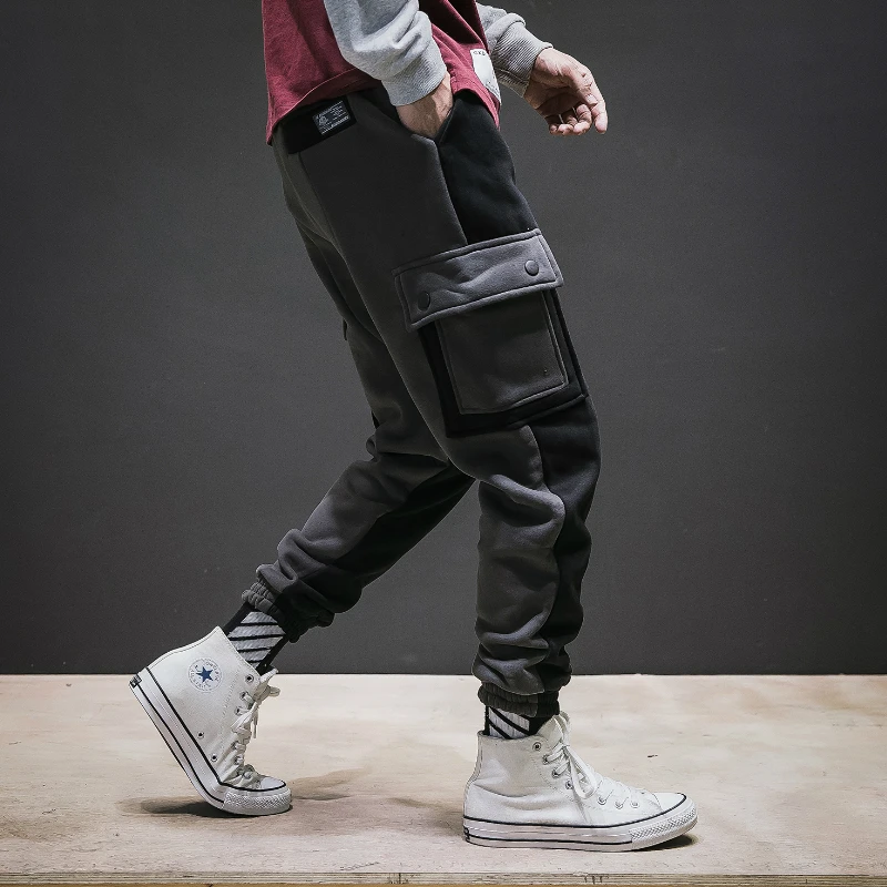 

Men Casual Pants 2020Autumn Winter New Plus Velvet Personality Stitching Color Suits with Big Pocket Men Overalls Sports Pants