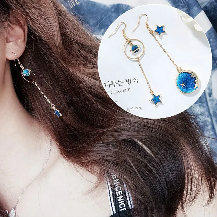 Hot Sell Fashion Stud Earrings Lovely Simple Blue / The Moon Starry Sky Long Section Asymmetric Pendant For Ladies Gift | Украшения и