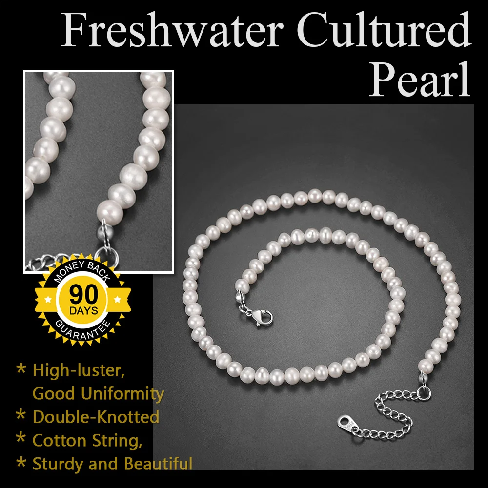 U7 Freshwater Cultured Pearl Choker Necklace 5-6.5mm 43/46cm Long Round or Baroque White Pearls Jewelry Gifts for Women P1058 | Украшения и