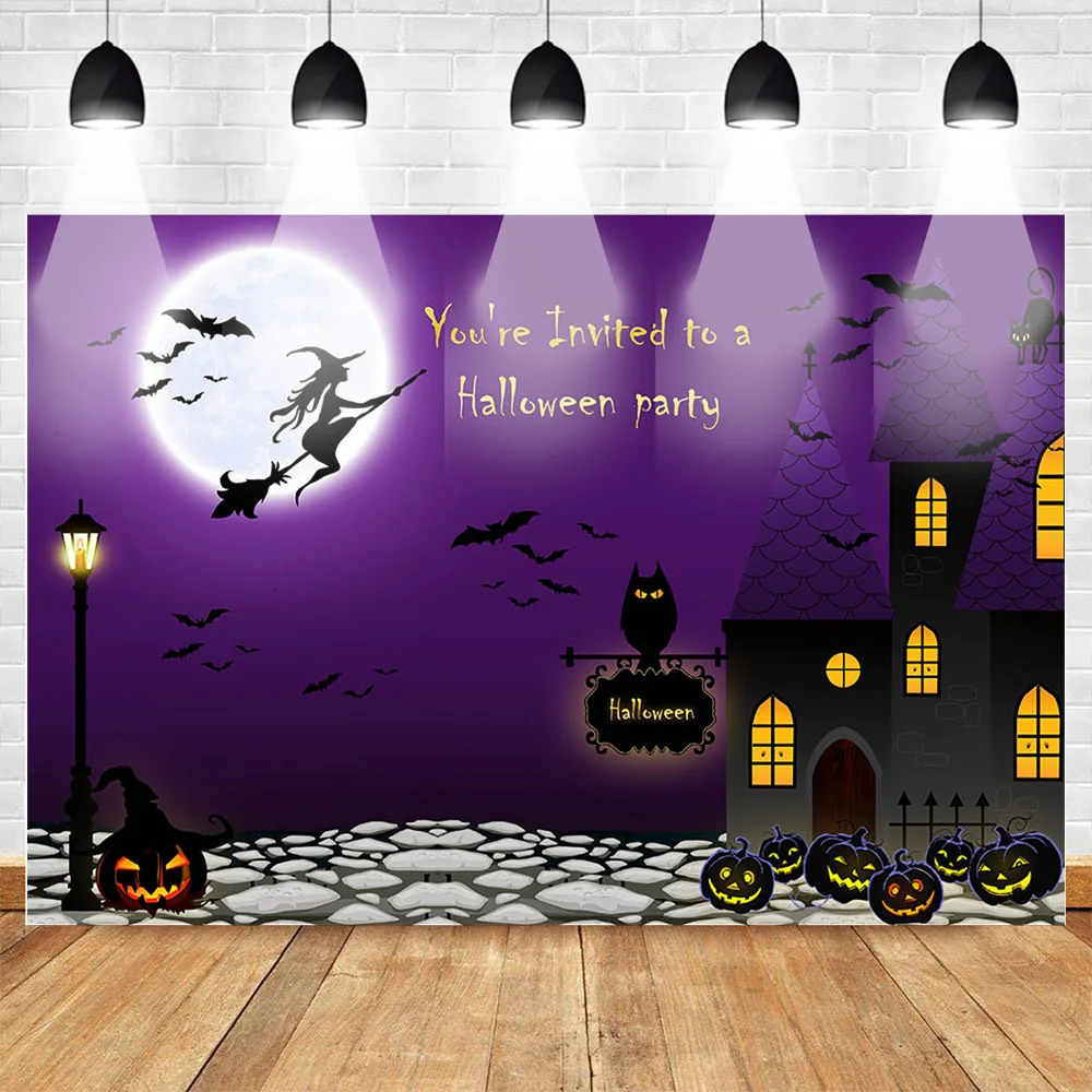 

MOCSICKA Halloween Party Photography Backdrops Scary Pumpkin Lantern Castle Bat Background Big Moon Purple Style Backdrop
