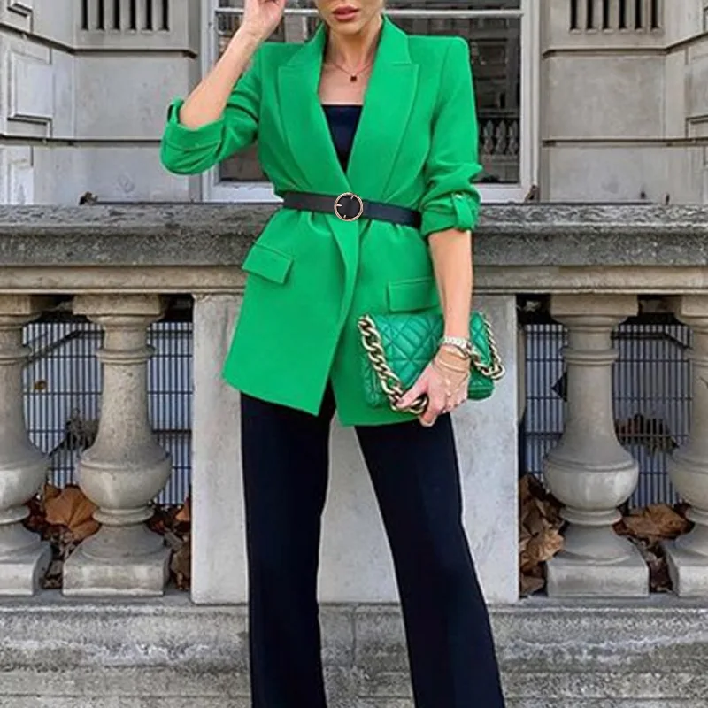 

New Womens Fashion Solid Color Suit Casual Open Front Notched Lapel Long Sleeve Blazer With Belt Green Black Comfortable S-XL