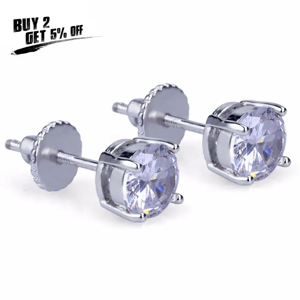 Позолоченные/серебряные серьги-гвоздики JINAO 6 мм с большим фианитом и винтом на