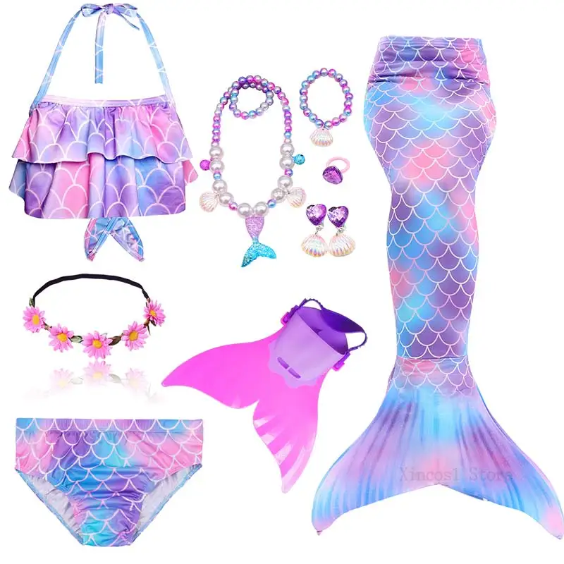 

New Kids Girls Mermaid Tails Swimsuit Bikini Bathing Suit for Children with Garland or With Monofin Flipper Fin For Swimming