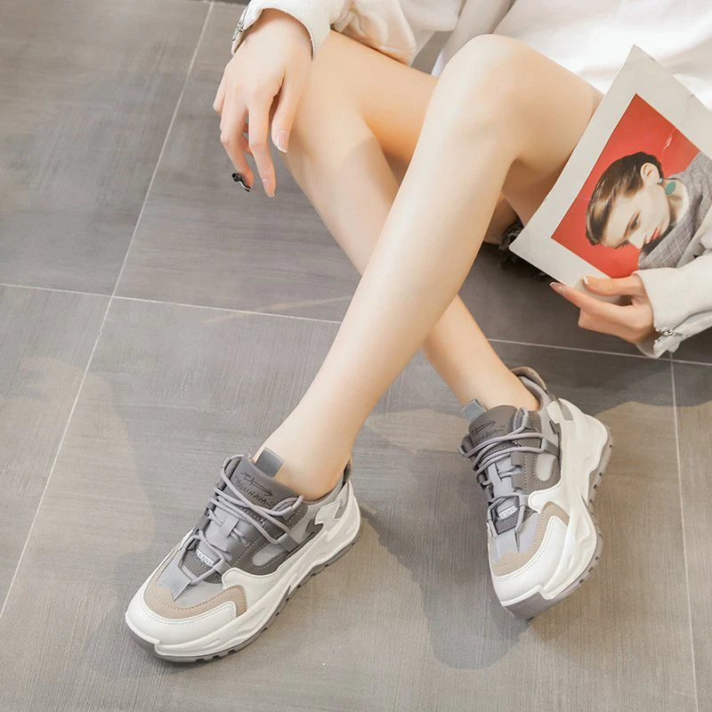 

Women Sneakers 2021 Spring Casual Sports Dad Platform Sneakers Basket Femme Beige Gray Lace Up Vulcanized Chunky Shoes Women