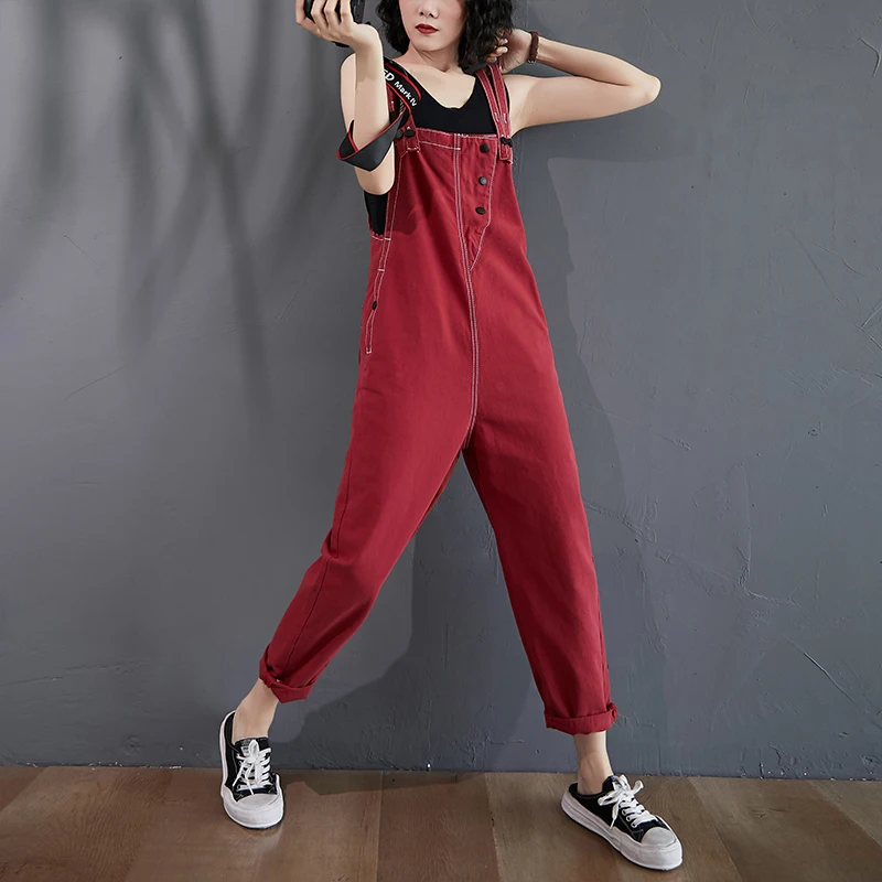 #1522 Khaki Red Denim Overalls For Women Vintage Casual Pencil Harem Jumpsuit Ladies Plus Size Denim Suspender Jumpsuits Summer