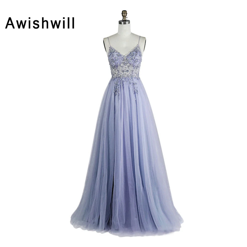 

New Arrival Spaghetti Strap Prom Dresses Long See Through Sexy Tulle Evening Dress With Beading Sequins Robe de Soiree 2020