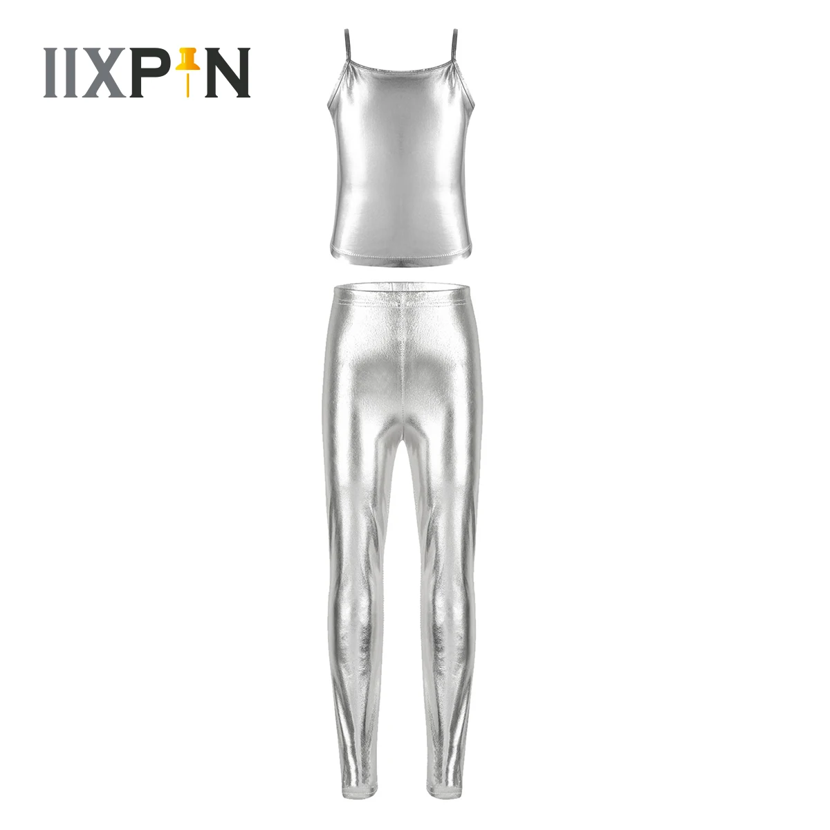 

Kids Jazz Hip Hop Street Dance Costume Outfit Girls Clothes Sequins Cutout Crop Top Metallic Bottoms Stage Performance