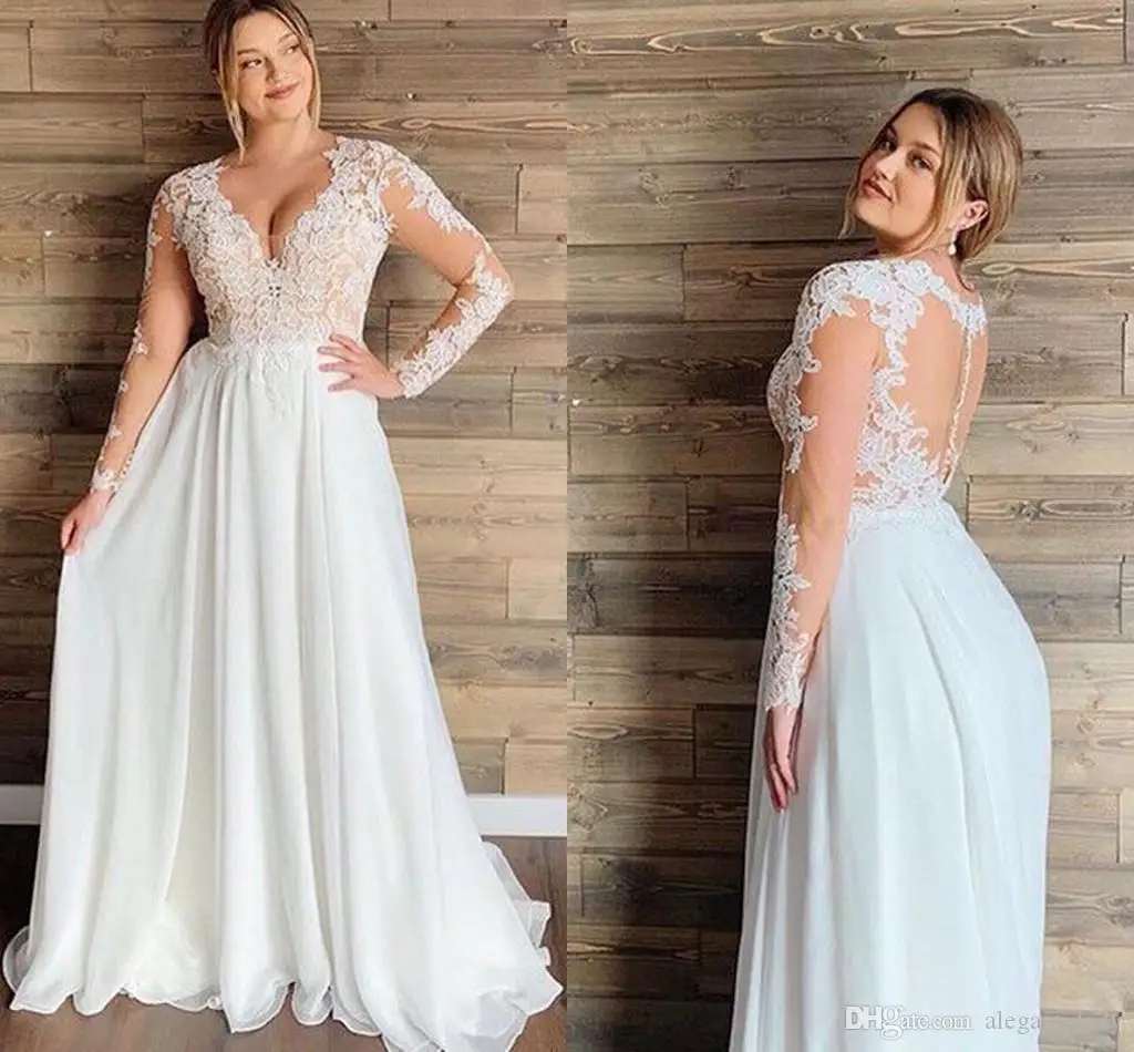 

Plus Size Beach Wedding Dresses with Long Sleeve Modern V-neck Lace Applique Chiffon Sheer Back Flowy Skirt Boho Wedding Gown