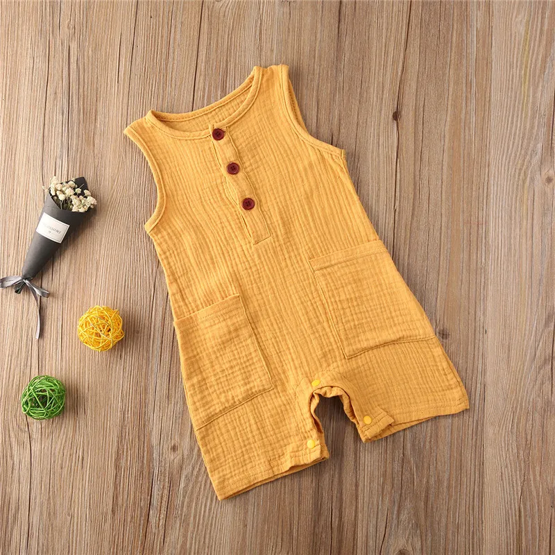 

2020 New Summer Toddler Baby Girls Cotton Rompers Baby Solid Casual Button Sleeveless Jumpsuit Playsuit Outfit Cotton Clothes