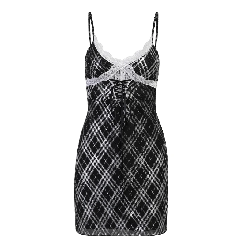 

InstaHot Plaid Lace Patchwork Cami Dress Women Summer Streetwear Casual 2021 Vintage Y2K Female Slim Dress Retro Bandage Dress