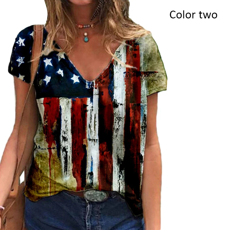

Summer Casual Loose T-Shirt Women Short Sleeve V Neck Striped Star Printing Female Ladies Pullover Tops Plus Size 2021 New