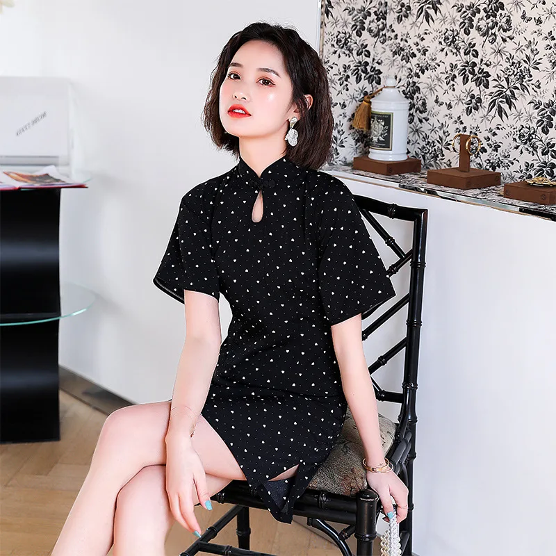 

Women Print Sweetheart Straight Cheongsam Skirt Vintage Stand Collar Flare Sleeve Chinese Dresses Mini Banquet Slim Qipao