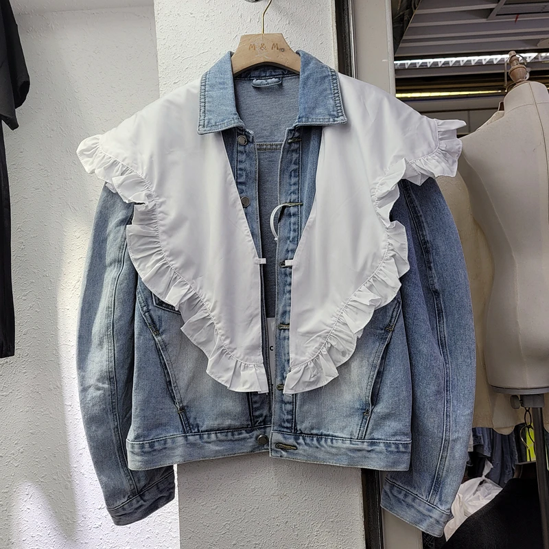 

ZCSMLL, Новинка осени-весны 2021, корейская мода, женское джинсовое пальто с имитацией воротника, свободная джинсовая куртка из двух частей больш...