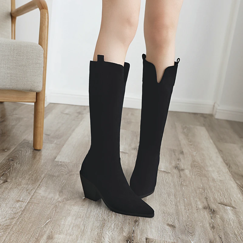 Женские зимние Ковбойские Сапоги выше середины икры с острым носком на толстом