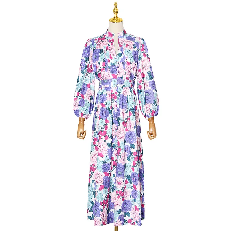 

Fashion New Winter 2020 Fashion Temperament Elegant Stand Collar Lantern Sleeve Print Patchwork Single Breasted Aa35