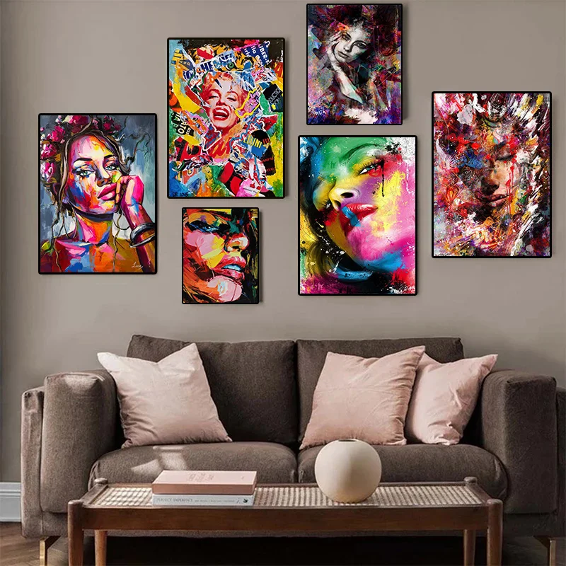 

Красочные граффити, искусство, женское лицо, холст, живопись, искусство, скандинавские плакаты и принты, настенные картины для гостиной, Дек...