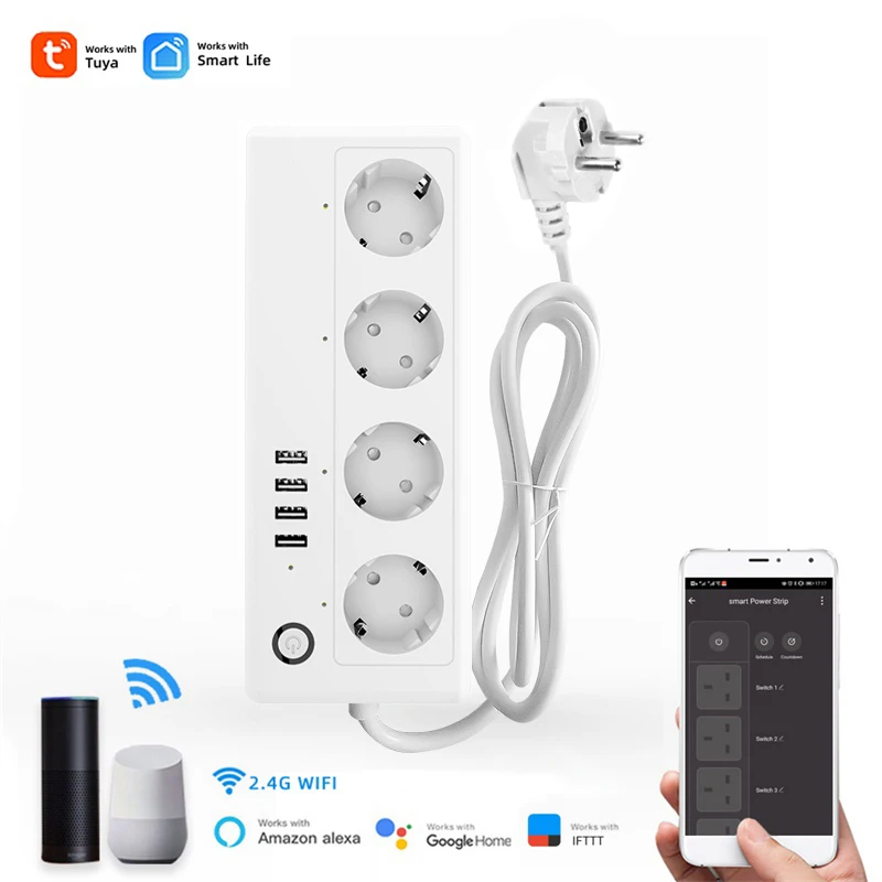 

EU 16A WIFI Power Strip/Outlet,4 Outlets with 4 USB Charging Ports,Timer,Overload Protect,Alexa Google Assistant,Tuya Smart life