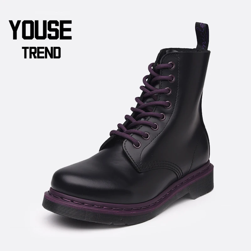 

Winter Women's Boots 8 Holes Black Hard Purple Edge Thick Heel Martin Boots Retro Style Ankle Boots Personality Motorcycle Boots