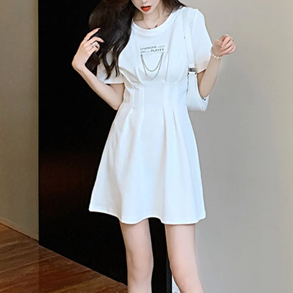 

2021 Summer New Designer Folds High Waist Letter Chain Solid Color Round Neck Summer Women's Dress Fashion Casual